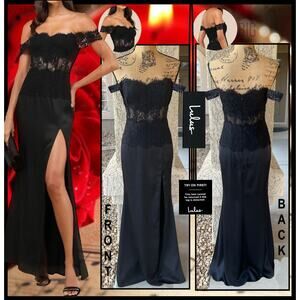 Lulus Black Lace Off-the-Shoulder Exceptionally Exquisite Maxi Dress Size L NEW